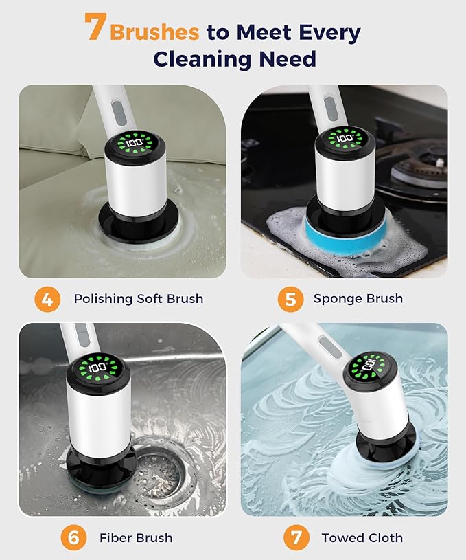 Electric Spin Scrubber, Cordless Cleaning Brush with 7 Replaceable Brush Heads, 2-Speed Adjustable Handle Shower Scrubber, IPX7 Waterproof for Bathroom, Tub, Tile & Floor, Teens, White-qb1...