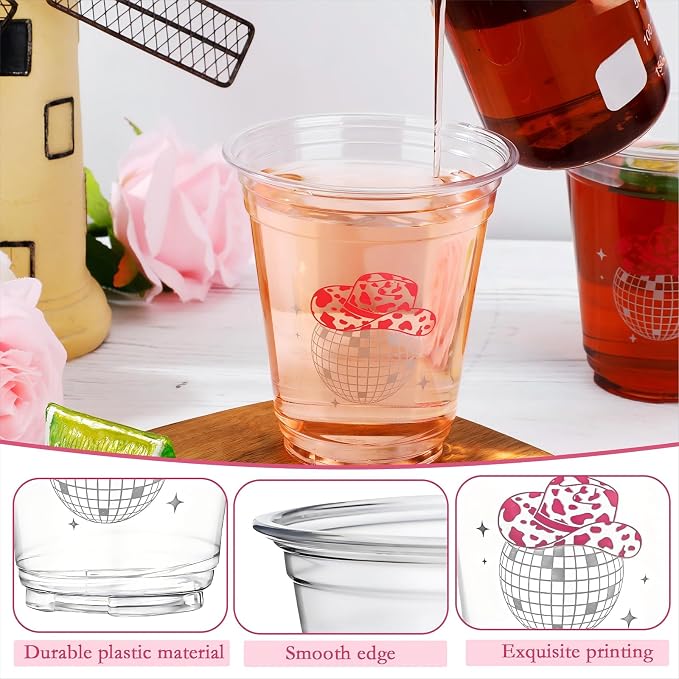 Sliner 100 Pcs Black and Pink Disco Cowgirl Plastic Cups Bachelorette Party Decorations 12 oz Disposable Clear Disco Ball Cups for Bachelorette Birthday Wedding 70s 80s 90s Party