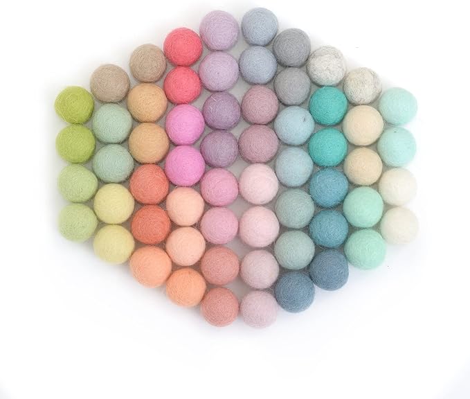 Glaciart One Felt Pom Poms, Wool Felt Balls (60 Pieces) 2.5 cm – 1 Inch, Handmade Felted 30 Pastel Colors (Green, Pink, Blue, Yellow and More) Bulk Small Puff for Felting and Garland
