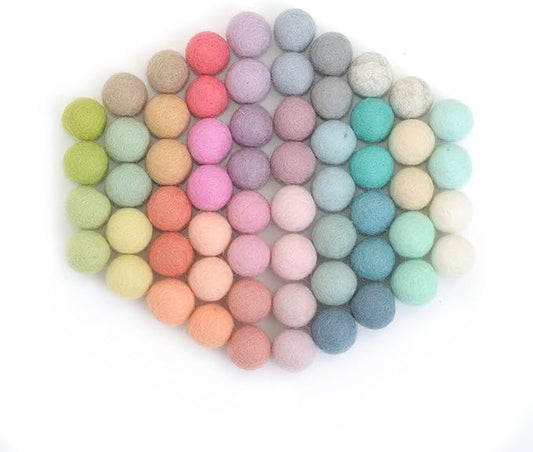 Glaciart One Felt Pom Poms, Wool Felt Balls (60 Pieces) 2 cm – 0.8 Inch, Handmade Felted 30 Pastel Colors (Green, Pink, Blue, Yellow and More) Bulk Small Puff for Felting and Garland