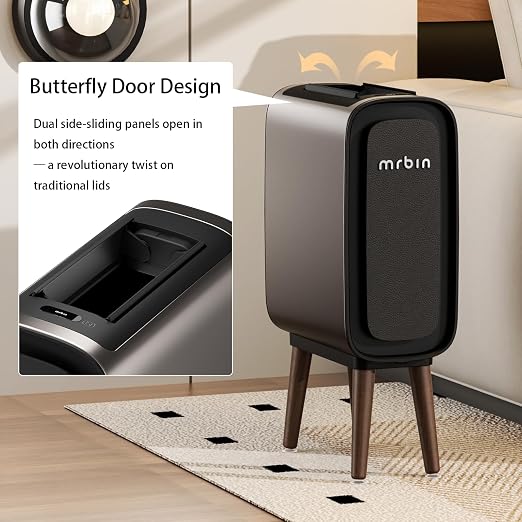 MRBIN 2.4 Gallon Slim Automatic Trash Can with Legs, Touchless Butterfly Sliding Lid, Magnetic Odor Lock, 9L Convertible Height Waste Bin for Bedroom, Bathroom
