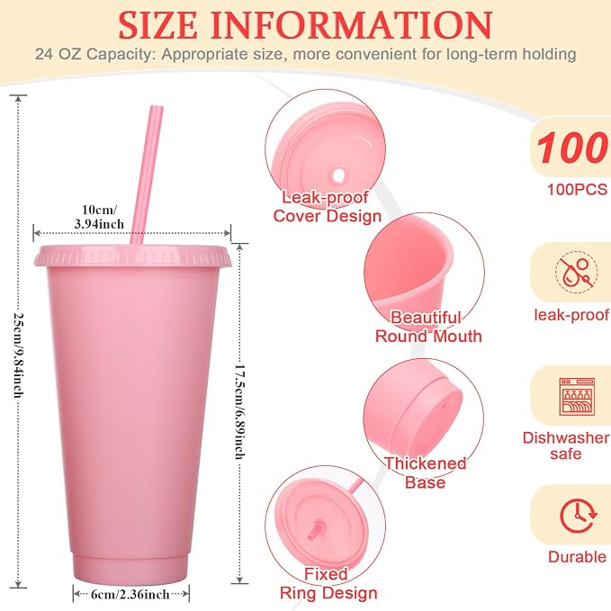 Honeydak 100 Pack Tumbler with Straw and Lid Bulk Cups for Gifts Water Bottle Iced Coffee Travel Mug Cup Reusable Plastic Tumblers for Party Birthdays 24-27 oz (Classic Color)