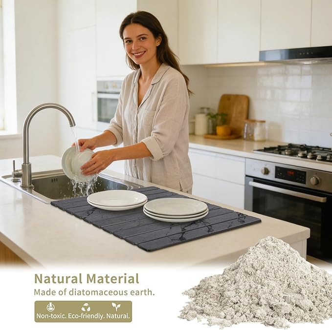 Stone Dish Drying Mat for Kitchen Counter - Large Foldable Marbled Quick Drying Dish Mats With Stone Coasters Set of 4 Collapsible Ultra Absorbent Diatomaceous Earth Mats for Bathroom (Grey)