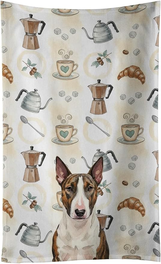 Caroline's Treasures Brindle and White Bull Terrier Coffee Bar Kitchen Towel Velour Plush Front and Cotton Loop Back Machine Washable
