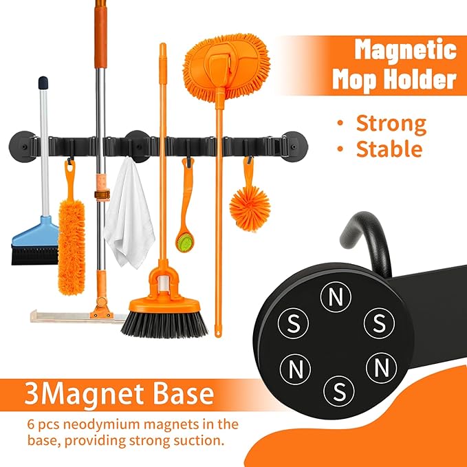 Magnetic Broom Holder Wall Mount with 4 Hooks and 5 Rack- Heavy Duty Non-Slip Mop Hanger for Wet Mops&Cleaning Tools on Refrigerator,Metal Door,Garage,Kitchen,Laundry Room