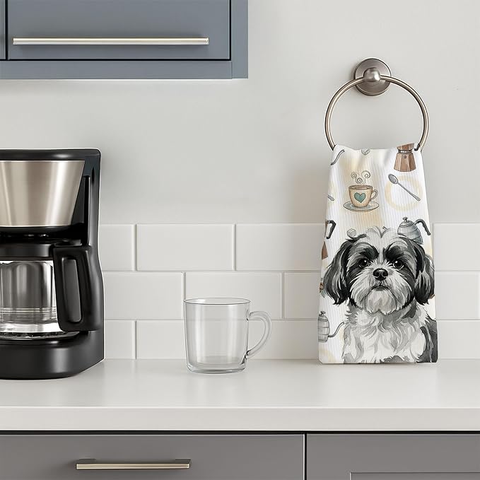Caroline's Treasures Black and White Shih Tzu Coffee Bar Kitchen Towel Velour Plush Front and Cotton Loop Back Machine Washable