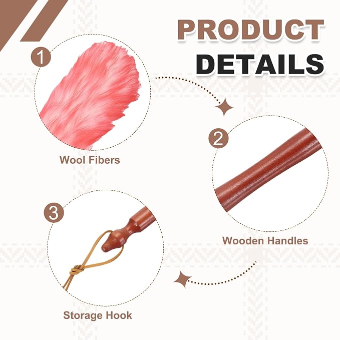 uxcell Wool Duster, 20.5" Natural Feather Cleaner Household Cleaning Duster with Solid Wooden Handle for Cleaning Fans Window Blinds Shelves Furniture, White Pink