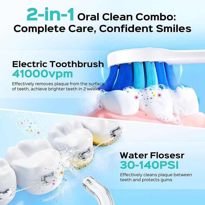 COSLUS C51C30 Electric Toothbrush with Water Flosser Combo: Portable Oral Clean Kit for Teeth Brushing & Flossing, Multiple Modes for Multiple Users, Cordless for Home & Travel Use, Pink