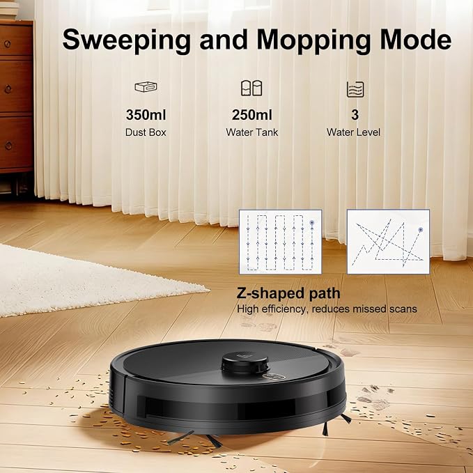 Robot Vacuum and Mop Combo, Robotic Vacuums with LiDAR Navigation, Smart Mapping, Strong Suction, with WiFi/App/Alexa/Voice Control, Obstacle Avoidance, for Home, Wood/Hard Floors, Pet Hair Black