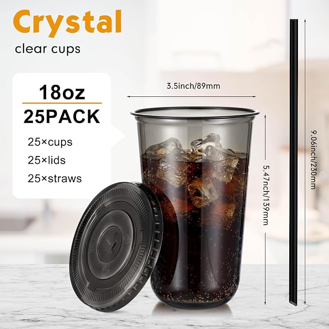 Ziliny 25 Set Black Plastic Cups with Lids and Straws, Disposable Iced Coffee PET Cups for Drinking Cold Beverage Juice Parfait Smoothie Milkshake Coffee Shops Party Supplies (18 oz)
