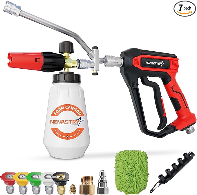 Pressure Washer Gun with Foam Cannon Kit, One-Button Switch Between Foam & Water, 1/4" Quick Connect, 5 Spray Nozzles, Car Wash Mitt, 1000-4000 PSI Pressure Washer Gun for Car Wash & House Cleaning