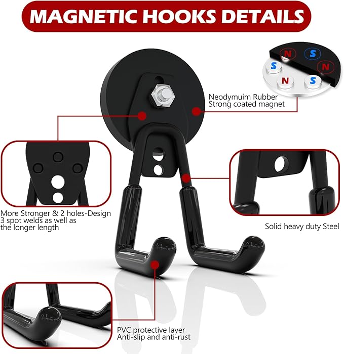 3-H Extra Strong Magnetic Hooks,Heavy Duty Large Anti-Slip Magnet Hooks,No-Drill Tool Holder for Garage,Power Drill,Garden Tools,Hose Storage,4 Pack Black