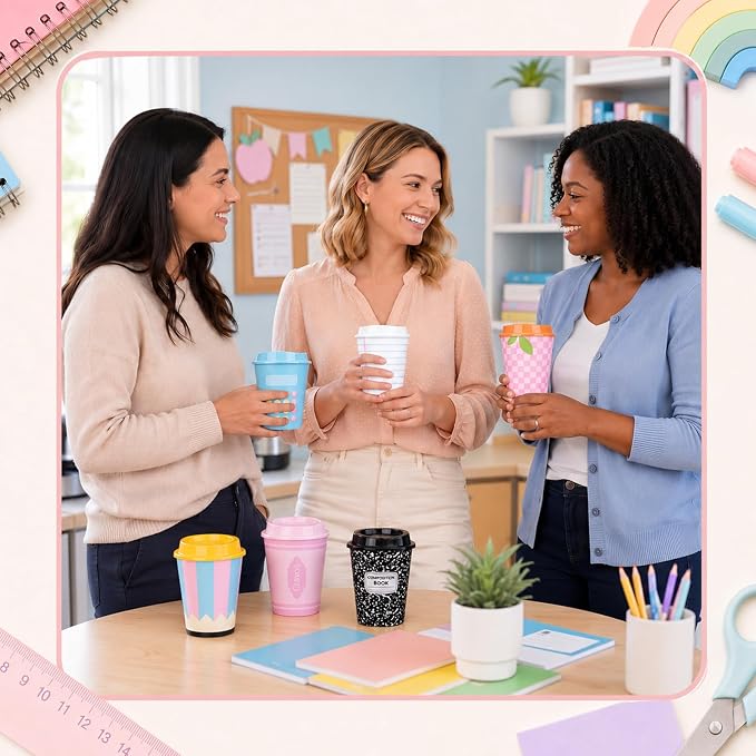 Skylety 24 Pcs Back to School Cups Bulk 12oz Classic and Pastel Style Reusable Plastic Coffee Cups with Lids First Day of School Gifts for Teachers Students Party Favors Supplies (Pastel)