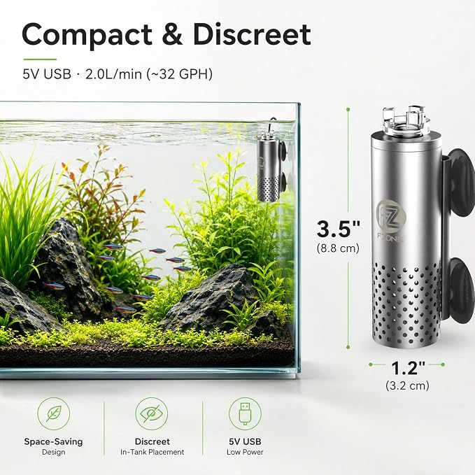 FZONE Aquarium Surface Skimmer, Mini Electric Surface Skimmer with USB Plug for Planted Tanks | 4-Speed Controller,Ultra‑Quiet Design, for nano tank, effortless setup, Durable Stainless Steel, easy to maintence