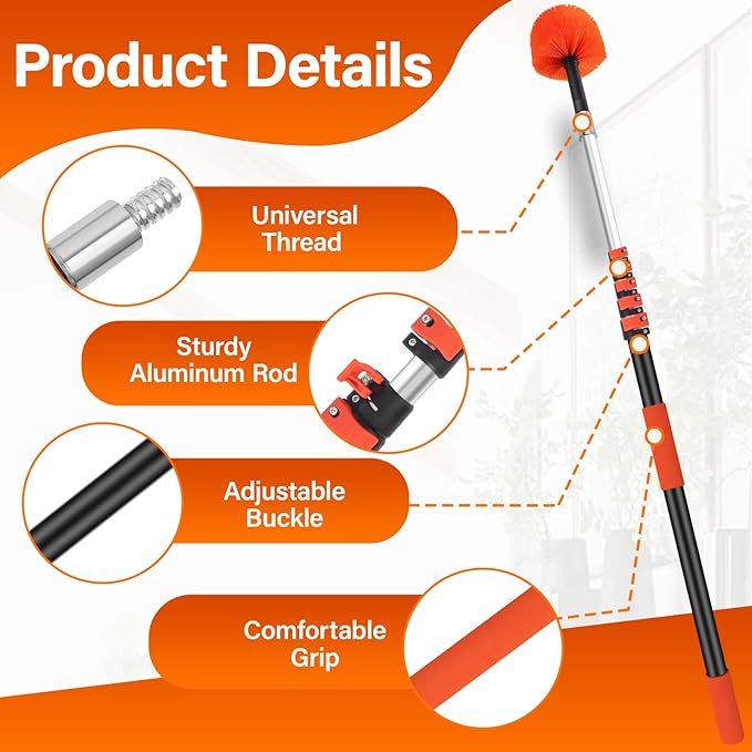 20FT Cobweb Duster with Extension Pole - High Reach Duster for High Ceilings & Outdoor Use - Telescoping Pole 3-12 Ft, Soft Bristles Cobweb Cleaner - 3/4" Acme Universal Thread