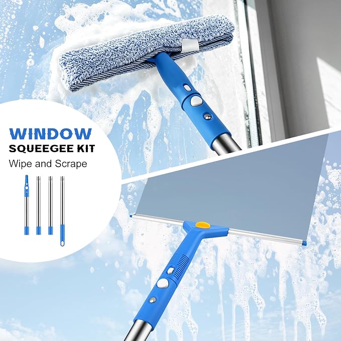 SetSail Window Cleaning Kit with Bucket 3 Gallon, 14-in Window Squeegee and 15-in Microfiber Scrubber, 64" Window Washing Kit, Professional Window Cleaner Tool for Indoor Outdoor Commercial Car, Blue
