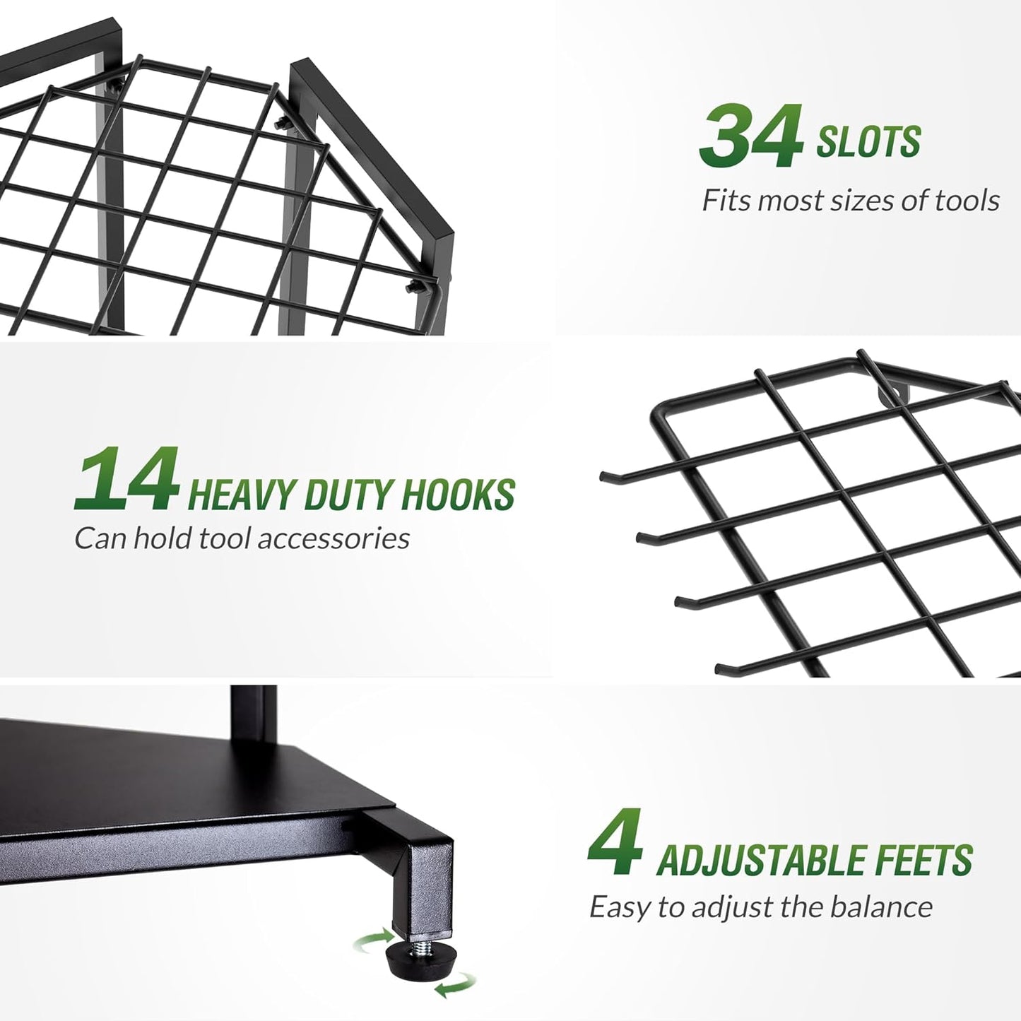 Garden Tool Organizer for Corner - Heavy Duty Metal Rack with 34 Storage Compartments & 14 Hooks for Shovels, Rakes, Long-Handled Tools, Ideal for Garden, Shed, Garage Storage
