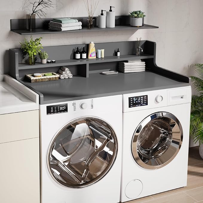 Washer Dryer Countertop, 54" x 27.55" 2-Tier Washer Dryer Topper with Edge, for Laundry Room Organization Gray