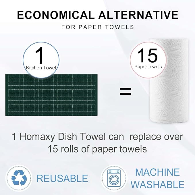 Homaxy Kitchen Towels and Dishcloths Set, 12 x 12 and 13 x 28 Inches, Set of 12 Bulk Cotton Terry Kitchen Towels Set, Checkered Designed, Soft and Super Absorbent Dish Towels, Blackish Green