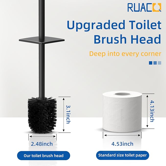 RUACQ Toilet Brush and Holder Set 2pcs,Square Toilet Bowl Brush for Bathroom with 304 Stainless Steel Handle Toilet Cleaner Brush with Durable Scrubbing Bristles,Splash-Proof (Matte Black)