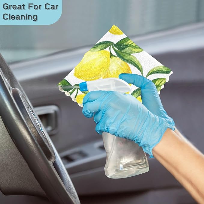 ALAZA Kitchen Towels Yellow Lemon and Green Leaves on White Dish Towels Multipurpose Reusable Dish Cloths Soft Cleaning Cloth Kitchen Accessories Set of 6,11"x11"
