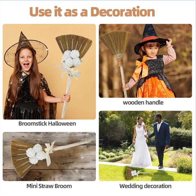 DIY Wedding Jump Broom Kit, 34" African American Jumping the Broom Ceremony Decor, Traditional Ceremonial Straw Broom with 4 White Artificial Flowers, Satin Ribbon & Pearl Stickers