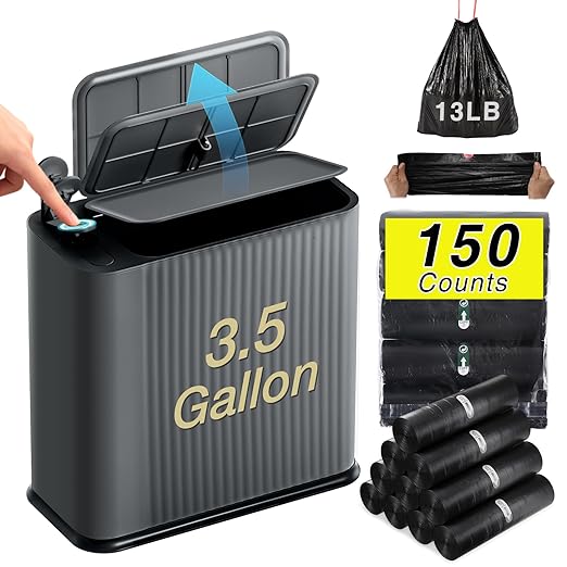Bathroom Trash Can with Lid 13 Liter/ 3.5 Gallon Dark Gray Trash Can with Pop-Up Lid Bedroom Trash Can Small Garbage Can with 150 Counts Trash Bags for Small Bathroom Bedroom Office