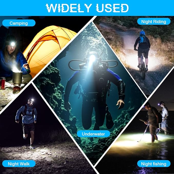 Scuba Dive Light 2000LM Super Bright Rechargeable Underwater Flashlight with IPX8 Waterproof, 3 Modes & USB Charging, Professional LED Diving Headlamp for Snorkeling, Caving, and Scuba Diving