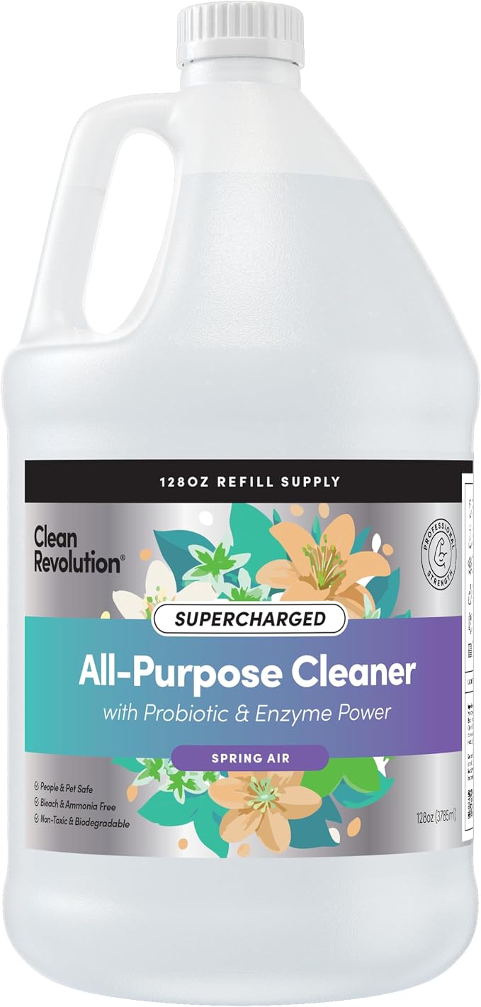 Clean Revolution SuperCharged All Purpose Cleaner Refill with Smart Probiotic + Enzyme Complex, Multi-Surface Kitchen Bathroom & Floor Cleaner, Spring Air, 128 Fl Oz