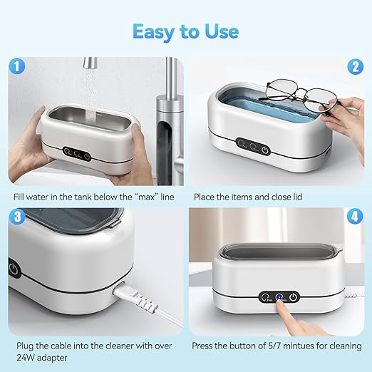 Ultrasonic Jewelry Cleaner - 48KHz Ultrasonic Cleaner Machine for Jewelry, Eyeglasses, Rings, Necklaces, Watch Strap, Makeup Brush, Dual Cleaning Modes-Brilliant White