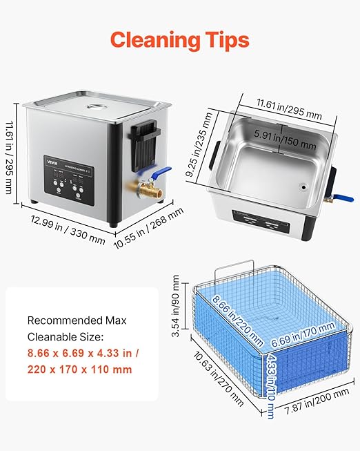VEVOR 10L Ultrasonic Cleaner, Professional 180W Ultrasonic Cleaner Machine with Digital Display and Cleaning Basket, 40kHz Stainless Steel Cleaning Machine Ideal for Jewelry, Coins, Watches, Razors