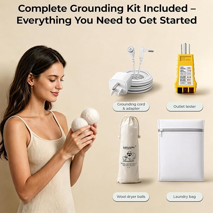 Grounding Sheets Twin 10% Silver Fiber Grounding Fitted Sheet Earth Bed Sheet with Outlet Tester,Adapter,Cord，Wool Dryer Balls,Laundry Bag (39"x75"x15",Gray)