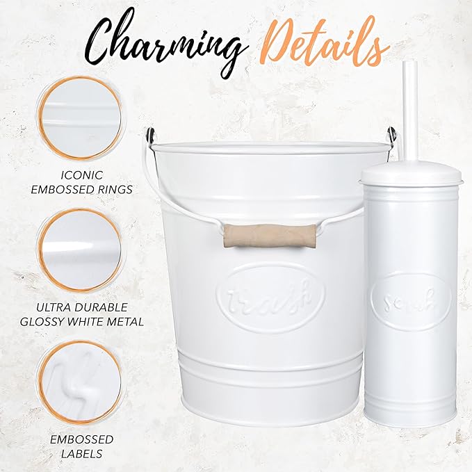 Autumn Alley Rustic Farmhouse White Bathroom Trash Can and Toilet Brush Set – Bathroom Accessories for Modern Farmhouse Charm, White Trash Can with Toilet Brush and Holder, 2 Gal. Capacity