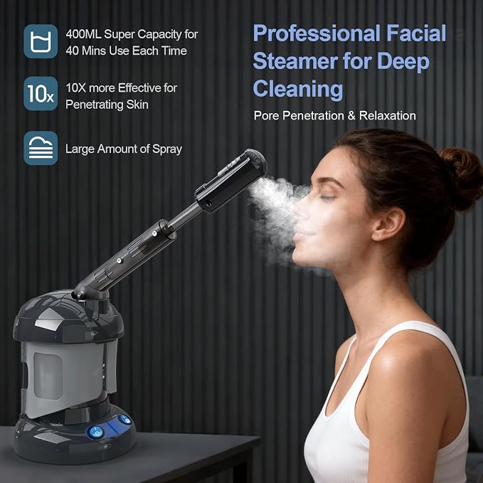 Facial Steamer - Nano Ionic Facial Steamer for Deep Cleaning, Portable Ozone Face Steamer with Extendable 360° Rotating Arm, Humidifier for Personal Care Use at Home or Salon