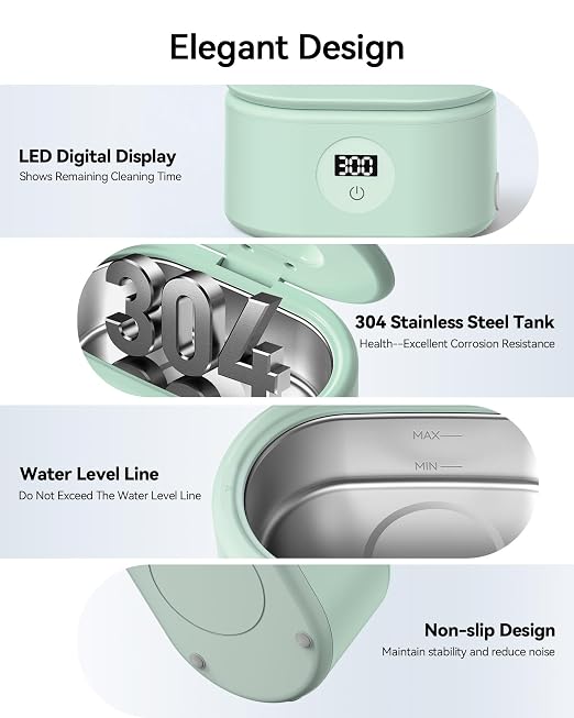 BYASKZIV Ultrasonic Cleaner, 48KHz Ultrasonic Jewelry Cleaner with 20oz 304 Stainless Steel Tank, Dual Modes & LED Display - for Jewelry, Eyeglasses, Watches, Dentures, Retainers & More-Green
