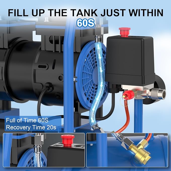 AZZUNO 2 Gallon Air Compressor, 1.6CFM@90PSI Oil Free Air Compressor Tank & Max.116PSI Pressure, 60 dB Ultra Quiet Compressor for Auto Repair, Tire Inflation, Spray Painting, Woodwork Nailing