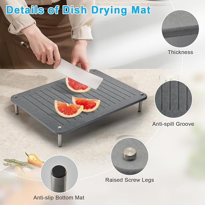 3Pcs Nesting Stone Drying Mat for Kitchen Counter, Quick Drying Stone Dish Drying Mat with Non-Slip Feet, Super Absorbent Heat Resistant Diatomaceous Earth Dish Drying Mat for Dishes, Bottles-Linear