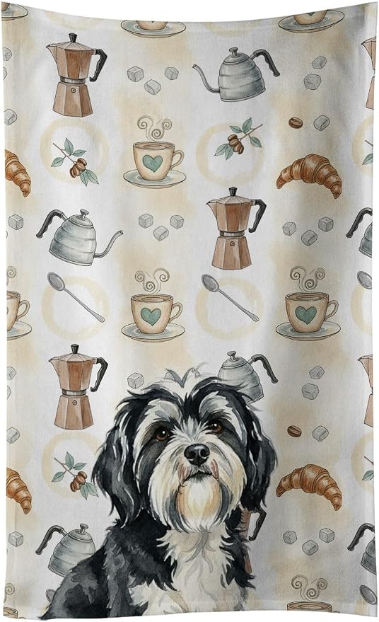 Caroline's Treasures Black and White Tibetan Terrier Coffee Bar Kitchen Towel Velour Plush Front and Cotton Loop Back Machine Washable