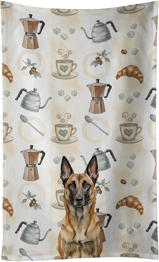 Caroline's Treasures Belgian Malinois Coffee Bar Kitchen Towel Velour Plush Front and Cotton Loop Back Machine Washable