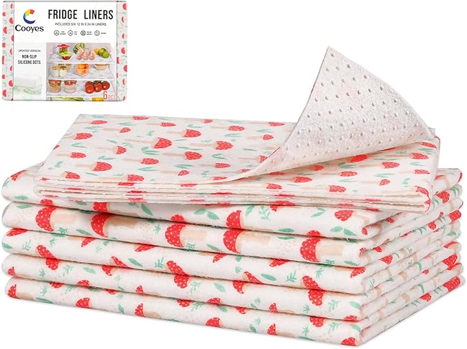 Cooyes 6 Pack Cloth Shelf Liners 12" × 24", Non-Slip Refrigerator Liners Machine Washable, Easy to Cut, Freezer Drawer Mats for Glass Shelves and Kitchen Cabinets, (Red Mushroom)