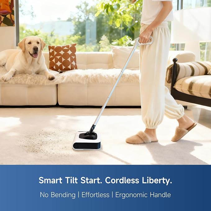FMART FM-009 Cordless Electric Floor Sweeper — Lightweight One-Hand Operation with Flexible Handle, Quiet Design, Powerful High-Speed Edge Brush Reaches Under Furniture, for Hard Floors