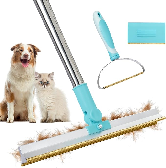 YooxArmor 3 in 1 Carpet Rake Pet Hair Remover, 3 Size Scraper Set, 55” Adjustable Handle, Reusable Lint Tool for Dog Cat Rugs Furniture Car