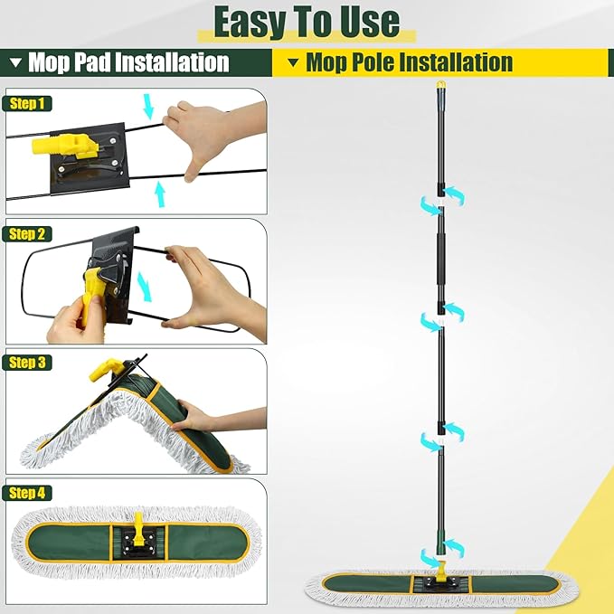36" Commercial Dust Mop for Floor Cleaning, Dry Dust Mops Broom for Hardwood Floors, Tiles, Marble, Concrete,Garage Cleaning,2 Mop Pads 59" Long Handle Heavy Duty Frame,Green