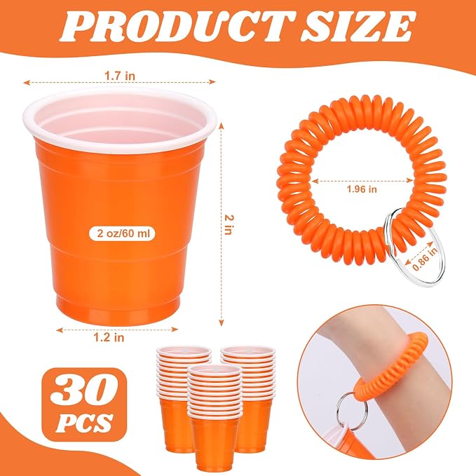 30 Pcs Orange Shot Cups with Wristband for Party 2oz Plastic Shot Glasses Bulk Disposable Mini Shot Glasses with Bracelet Wear On Solo Cups for Party Wedding Birthday Graduation Halloween Thanksgiving