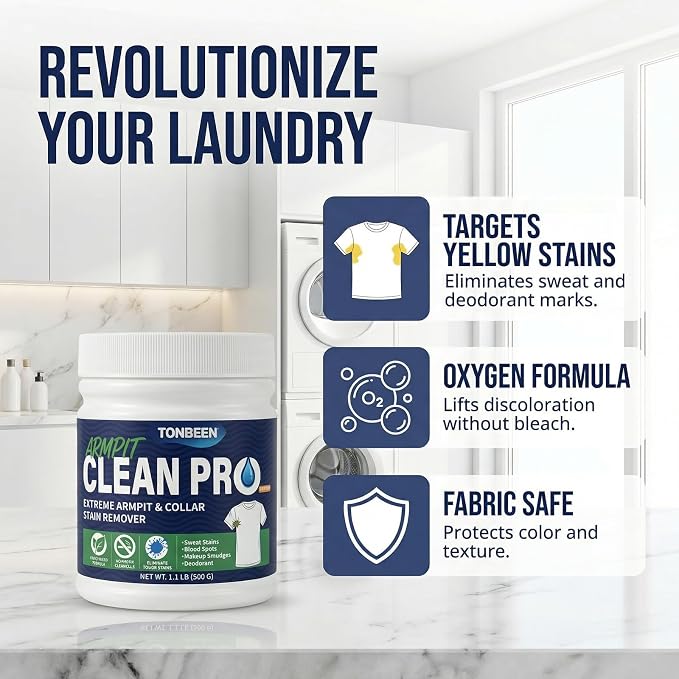 Armpit Stain Remover Enzyme Laundry Powder - Sweat, Yellow & Deodorant Stain Remover for White Clothes, Odor Eliminator, Hyper-Concentrated Formula, Gentle on Fabrics - 500g