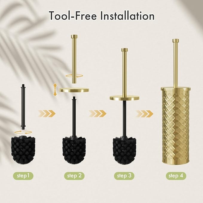 Toilet Bowl Brush and Holder Set 3 Pack with 6 Extra Brush Heads | Extra Long Handle with Splash Guard Cover, Tool-Free Installation, Bathroom Space-Saving, Cleaner Sets for Apartments, RV (Gold)
