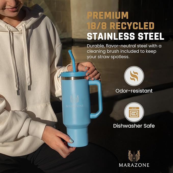 MARAZONE 40oz Stainless Steel Travel Tumbler with Handle, Three-Position Lid, Straw with Silicone Tip, Vacuum Insulated Water Bottle for Hot & Cold Drinks, Great Gifts for Mom, Sky Blue