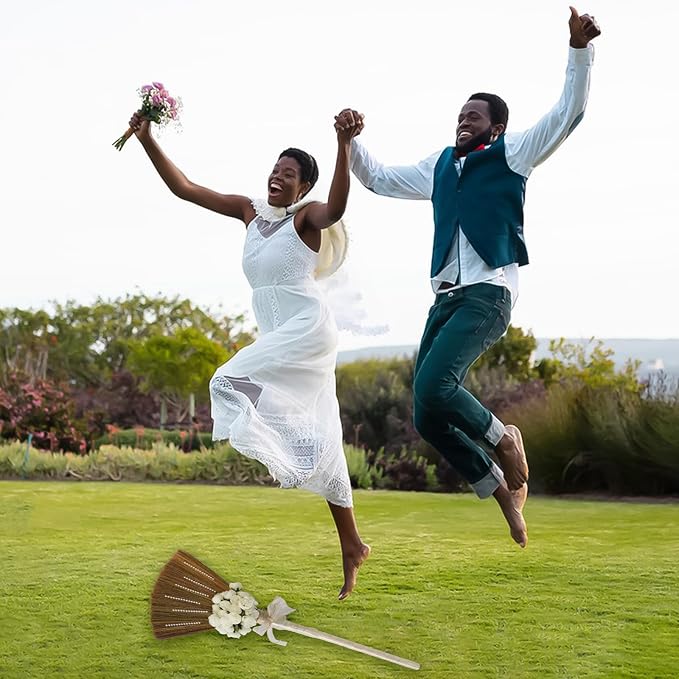 Detachable DIY Wedding Jump Broom Kit, African American Jumping the Broom Ceremony Decor, Collapsible Ceremonial Straw Broom with Faux Flower Bouquet, Lace Trim & Satin Ribbons, Pearls