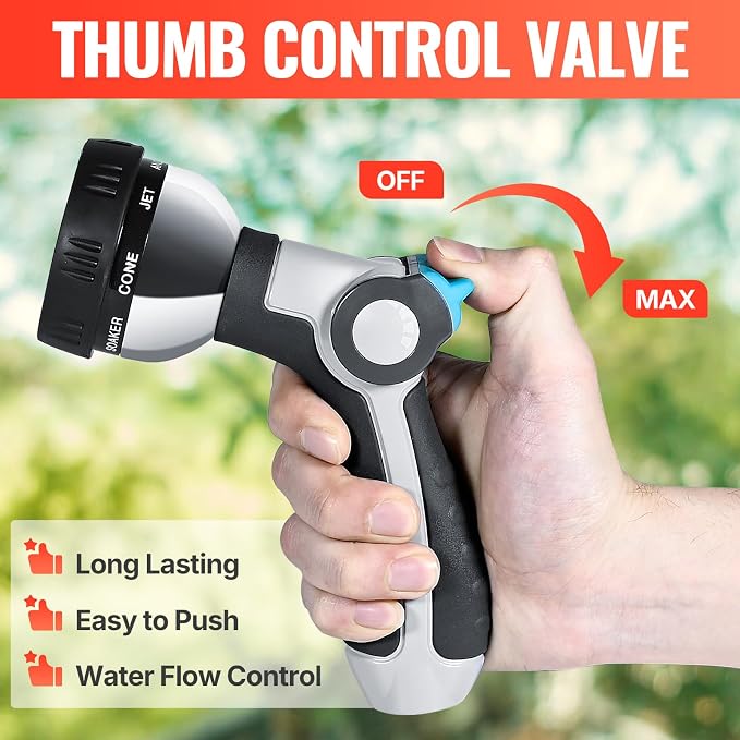 YAMATIC Garden Hose Nozzle, 8 Adjustable Spray Patterns,Heavy Duty Water Hose Nozzle with Thumb Control ON OFF VALVE,Ergonomic Grip for Watering Plants Lawn Washing Cars Cleaning Showering Pets,1 PCS