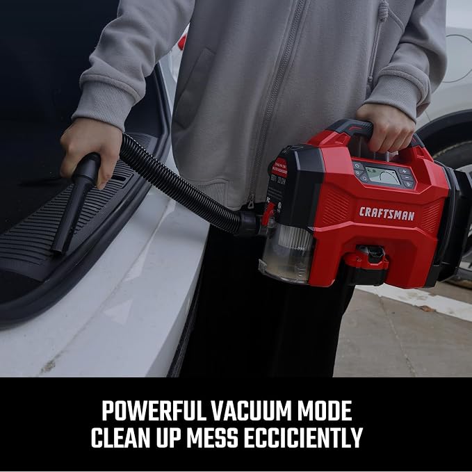 CRAFTSMAN Inflator/Vacuum/Blower 3-IN-1,Tire Inflator Portable Air Compressor with LED Light,Quiet Car Vacuum or Blower, 160 PSI for Car RV Truck,12V DC Corded and 20V DC Cordless,Tool Only